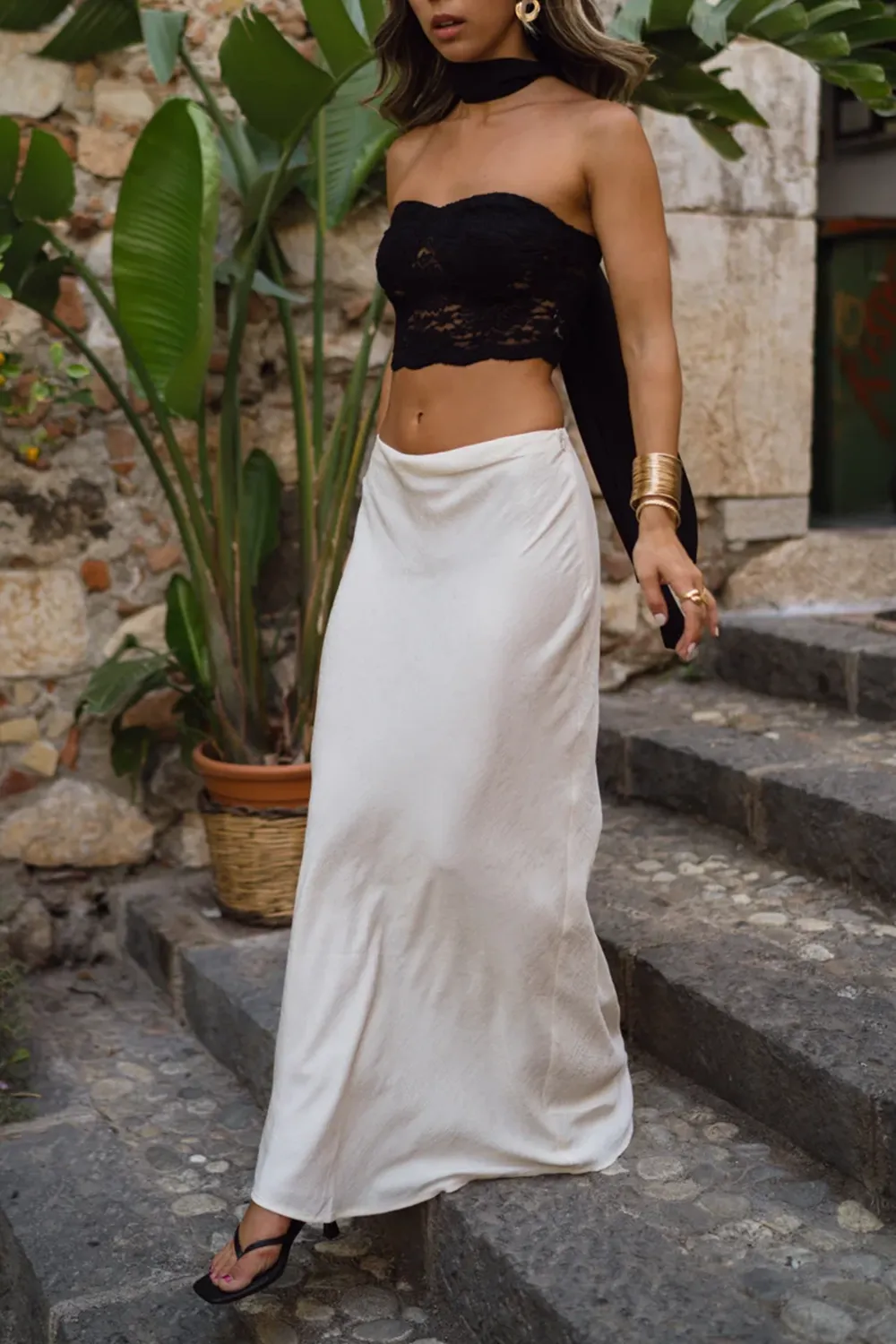 Black Lace Crop Top and Neck Scarf