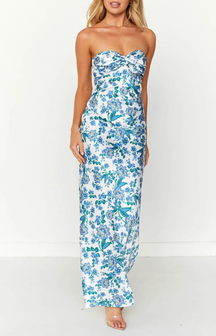 Blue Floral Print Strapless Formal Dresses