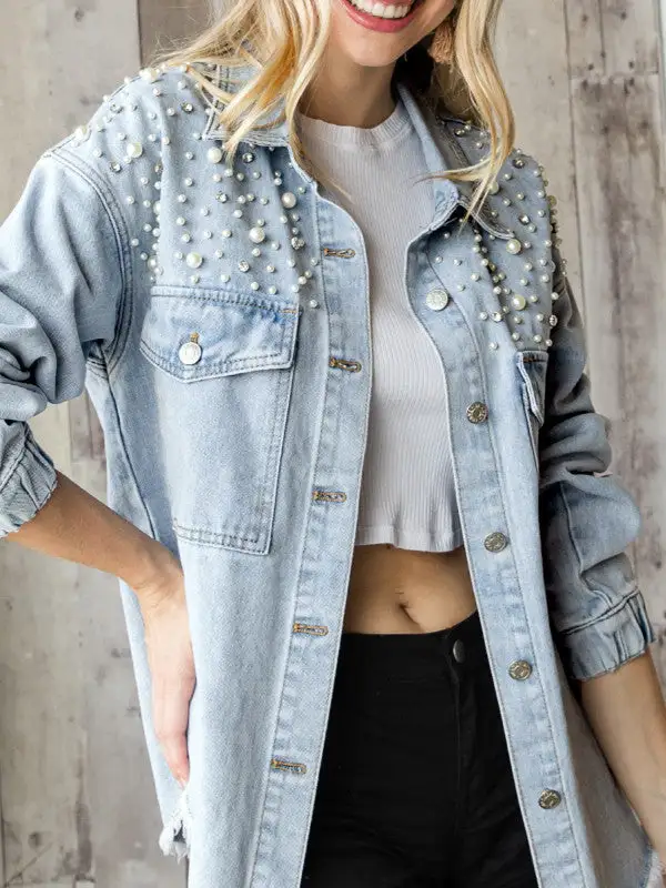Ripped Tassel Pearl Denim Jacket