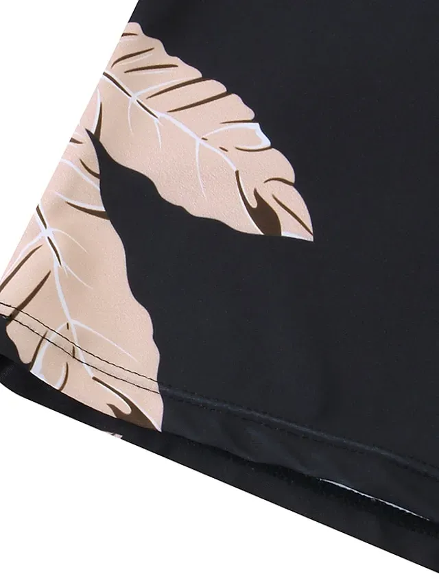 Women's Swimwear Tankini 2 Piece Plus Size Swimsuit Open Back Printing for Big Busts Trees / Leaves Black Halter V Wire Bathing Suits New Vacation Fashion / Modern / Padded Bras