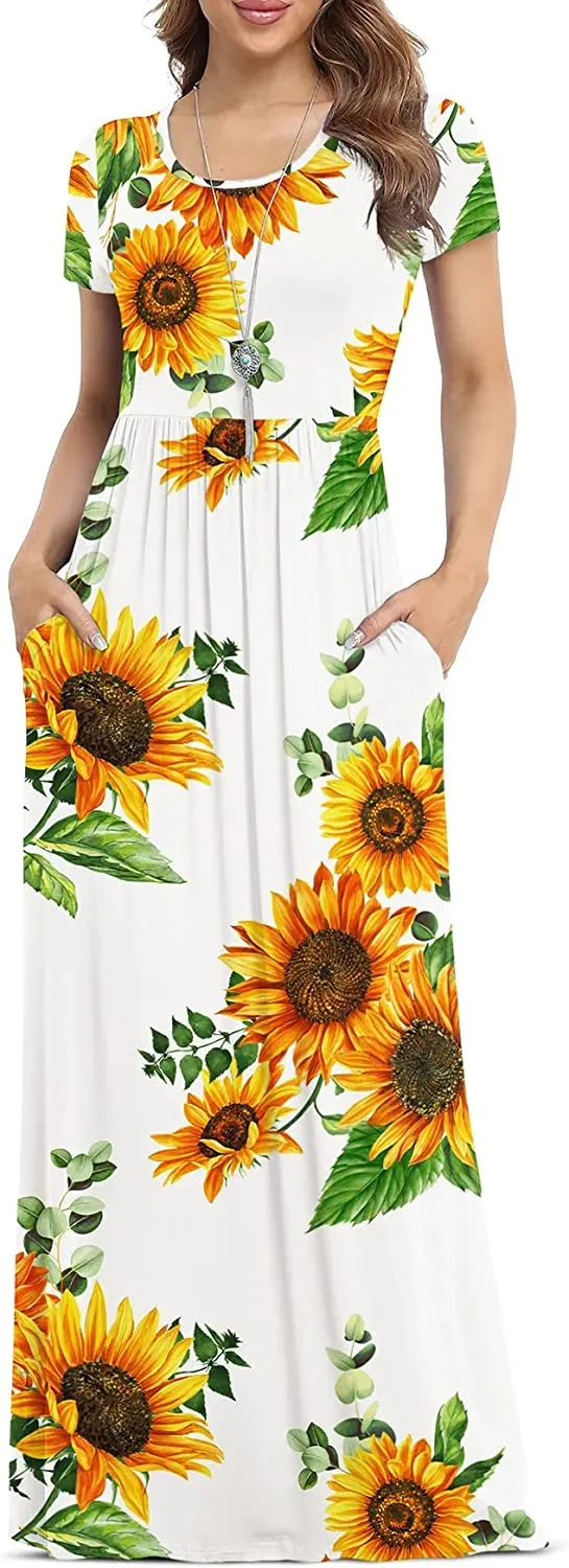 Women's Short Sleeve Loose Plain Maxi Dresses Casual Long Dresses with Pockets