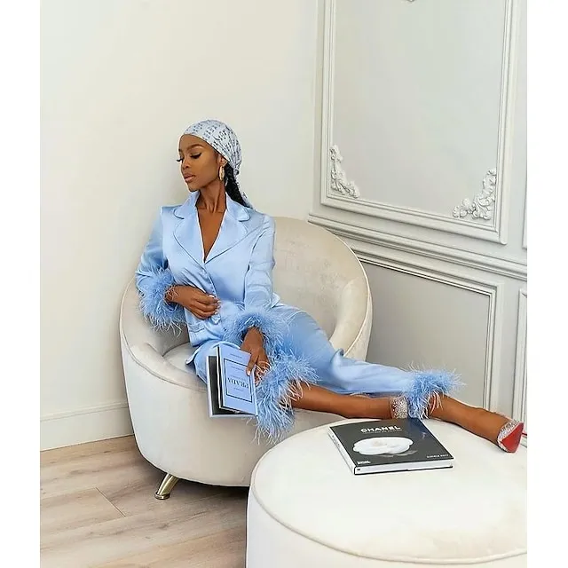 Women's Gift Loungewear Pajamas Sets Home Party Valentine's Day Feather Pure Color Silk Simple Soft Shirt Pant Fall Spring Summer Lapel Long Sleeve Long Pant Buckle Pocket