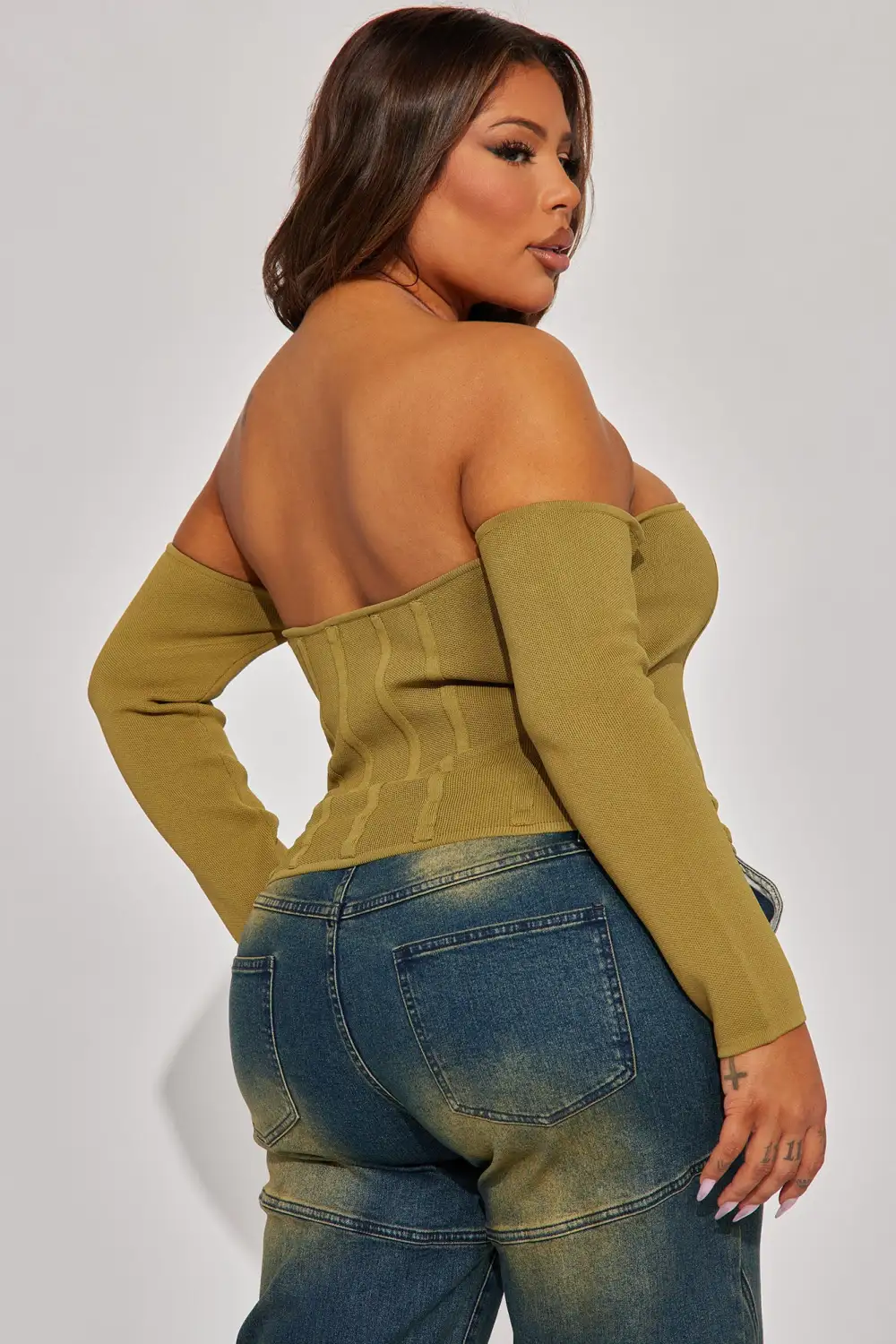 Cutting Edge Off The Shoulder Corset Top - Olive
