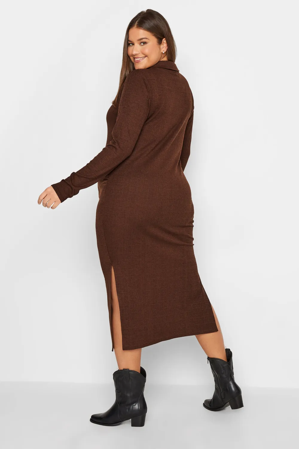 LTS Tall Maternity Brown Ribbed Polo Midi Dress