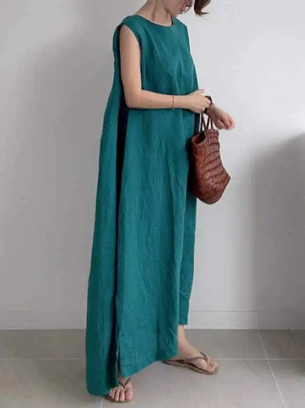 Casual Simple Solid Color Split-Side Round-Neck Sleeveless Midi Dress