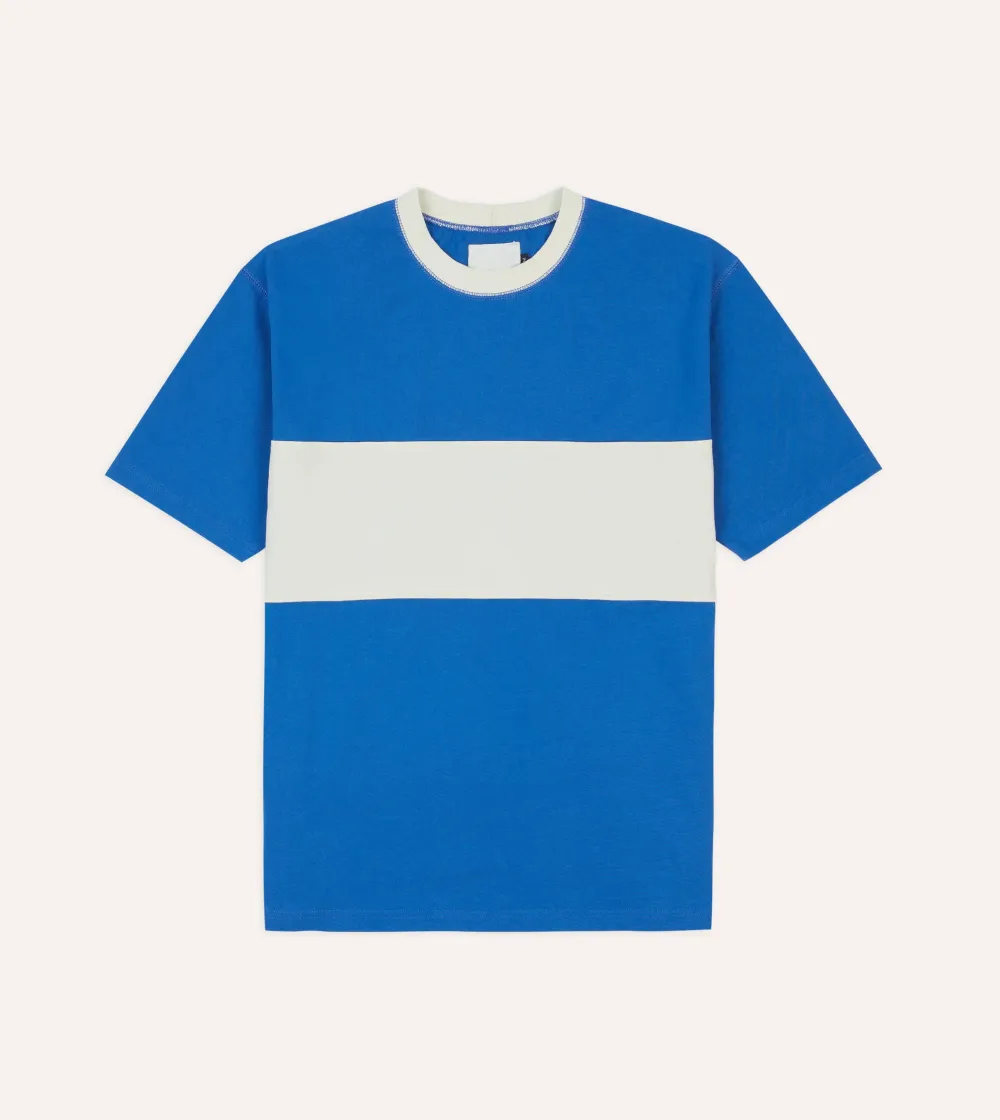 Blue and Ecru Panel Stripe Cotton Crew Neck Hiking T-Shirt Daily