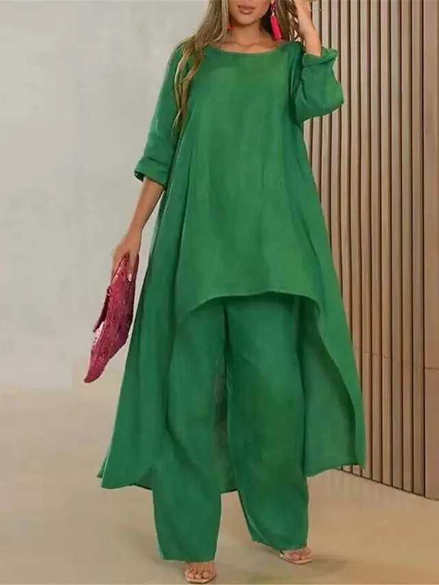 Women's Loungewear Sets Pure Color Fashion Simple Casual Street Date Airport Polyester Breathable Crew Neck Long Sleeve Pant Summer Spring White Yellow