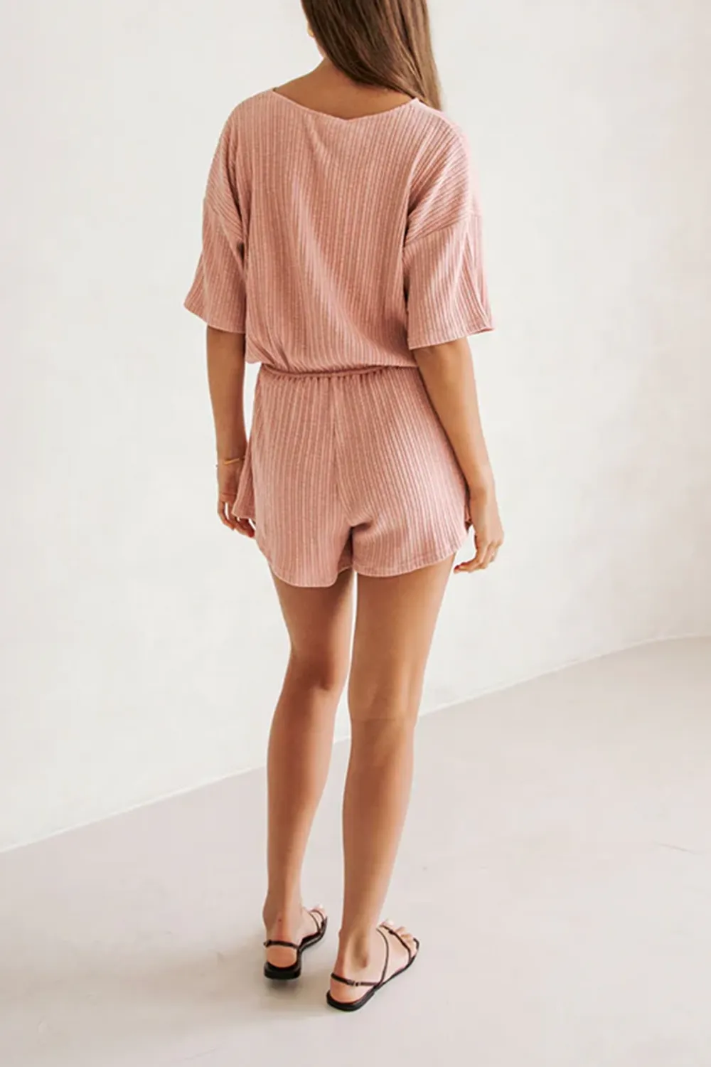 Short Sleeve Pin Stripe Drawstring Romper