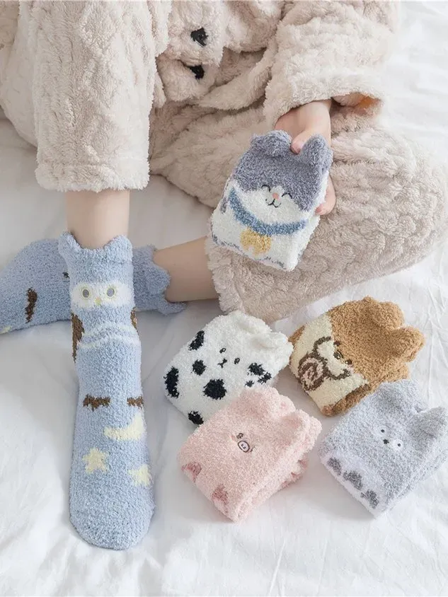 Cat Dog Pika Pet Cute Shape Thickened Warm Coral Fleece Floor Socks