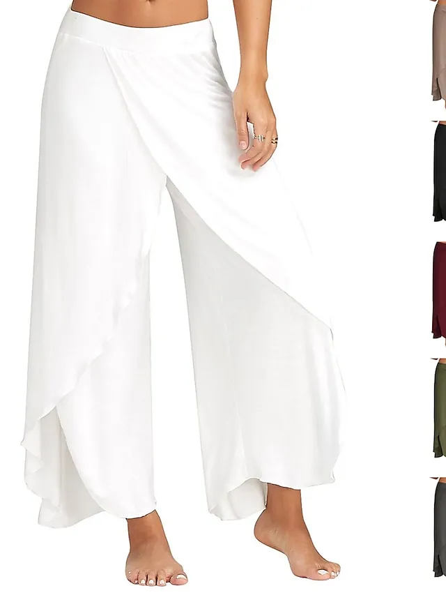 Women's Culottes Wide Leg Wide Leg Chinos Ruffle Layered Stretchy Mid Waist Basic Casual / Sporty Casual Daily Black White S M Summer Spring &  Fall