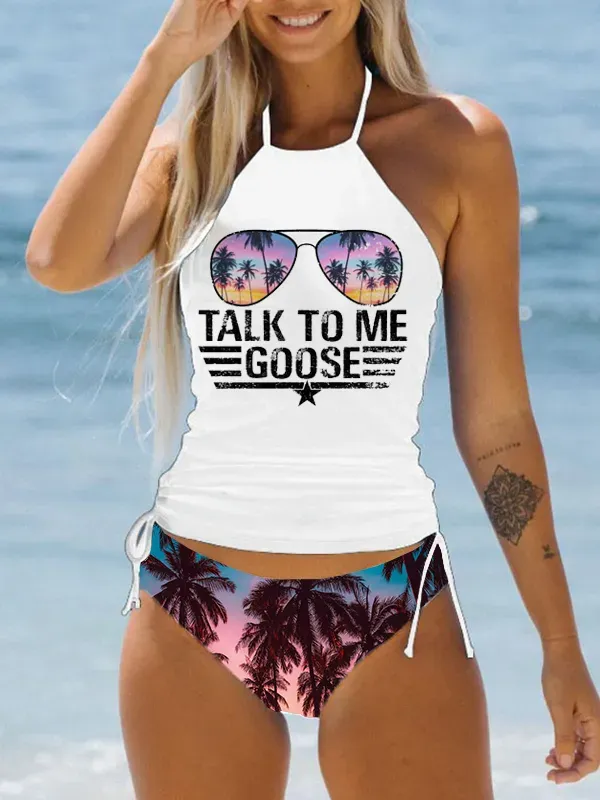 Talk To Me Goose Sunset Tropical Palm Trees Print Tankini Sets