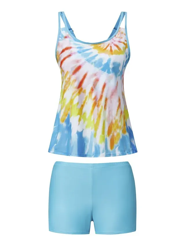 Casual Tie-Dye Pattern Printing Spaghetti Tankinis Two-Piece Set