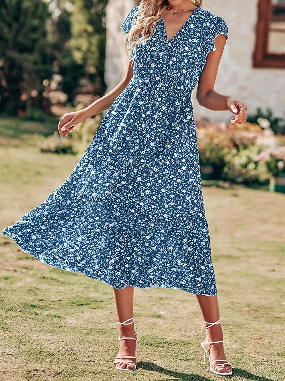 Women Summer Bohemian Floral Casual Wrap V Neck Ruffle Cap Sleeveless Belt A-Line Pleated Hem Swing Midi Sun Dress