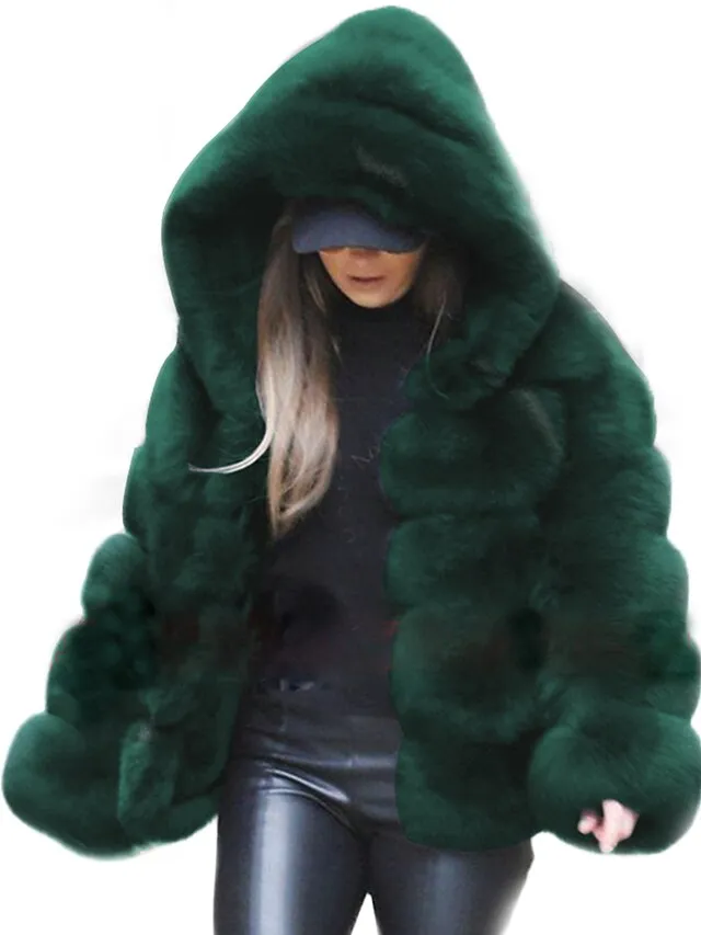 Women's Faux Fur Coat Regular Oversized Coat Sapphire Black Wine Dark Green khaki Party Party Fall Hoodie Regular Fit S M L XL XXL 3XL / Daily