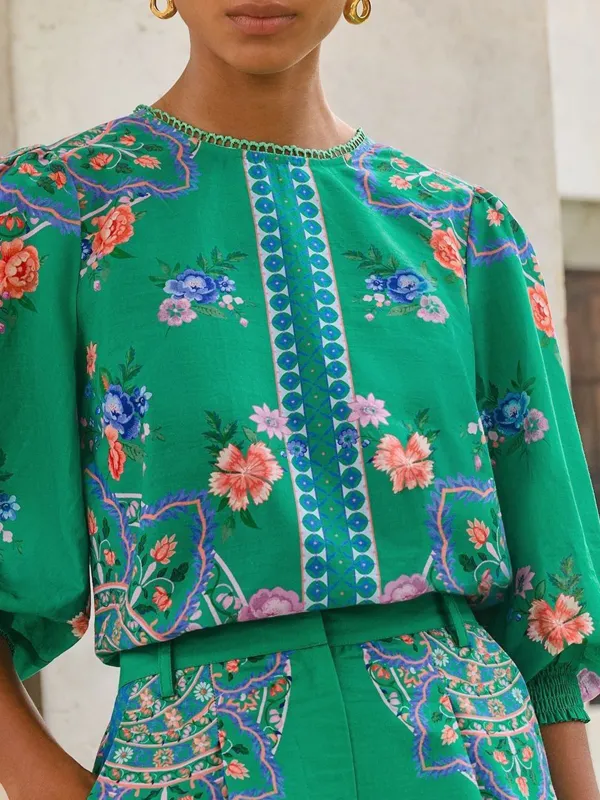 Rose Green Floral Long-Sleeve Round Neck Floral Print Top