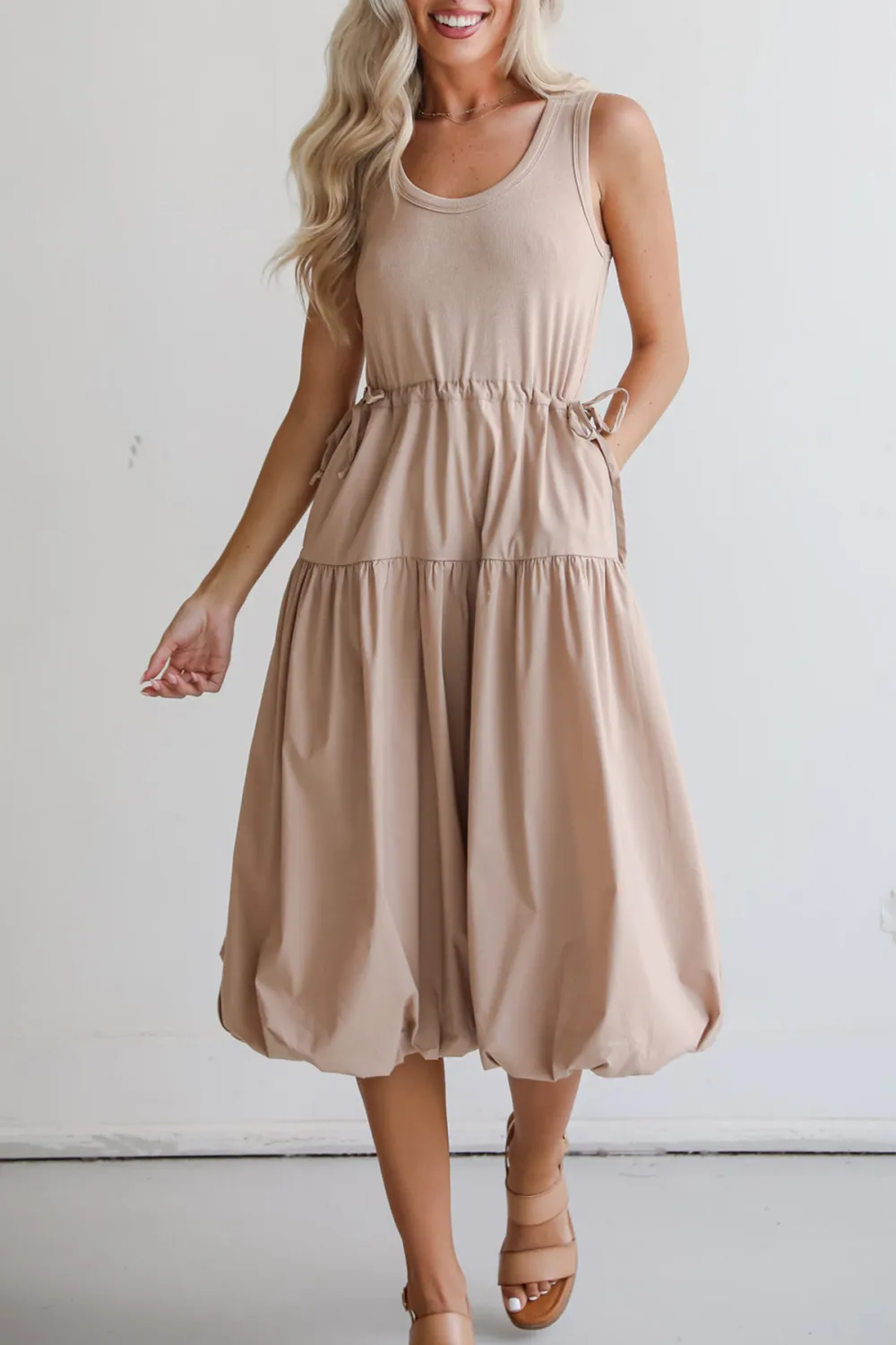 Darling Sophistication Taupe Contrast Midi Dress