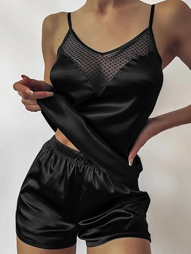 Women's Pajamas Sets Nighty Pjs 2 Pieces Pure Color Fashion Simple Comfort Home Daily Bed Satin Breathable Gift V Wire Sleeveless Shorts Backless Spring Summer Green Purple / Silk