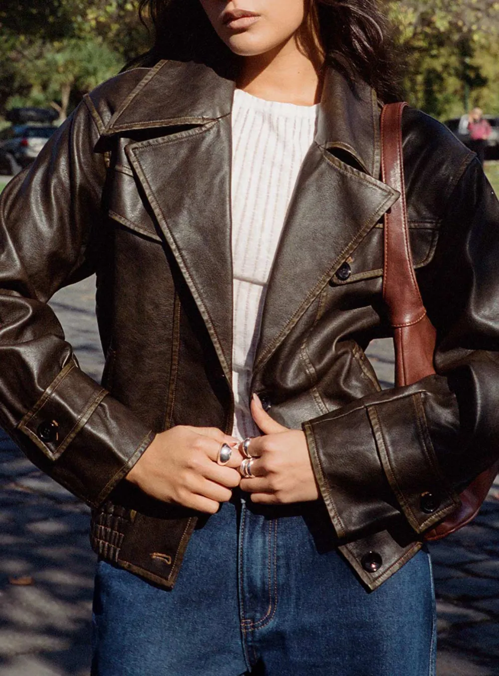Faux Leather Jacket Vintage Washed Brown