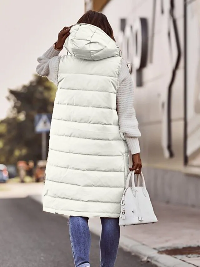 Women's Winter Jacket Long Puffer Vest Fall Maillard Outdoor Street Daily Winter Fall Long Coat Regular Fit Windproof Warm Casual Jacket Sleeveless Solid Color Khaki Red White