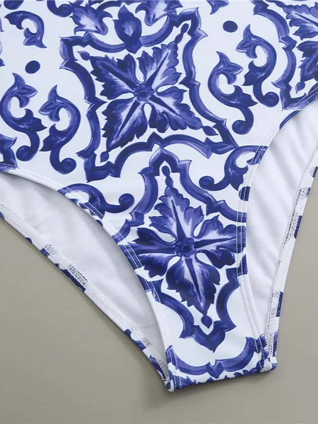 Women's Swimwear One Piece Monokini Normal Swimsuit Tummy Control Open Back Printing Flower Navy Blue Blue Strap Bathing Suits Sexy Vacation Fashion