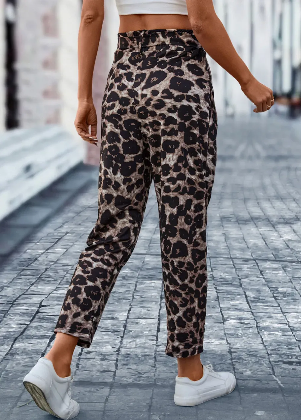 Dark Coffee Pocket Leopard Elastic Waist Belted Pants