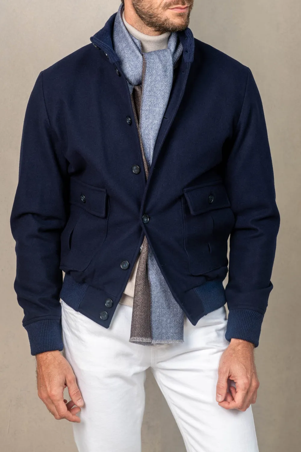 Blue Super 180'S Wool Flannel Bomber Jacket