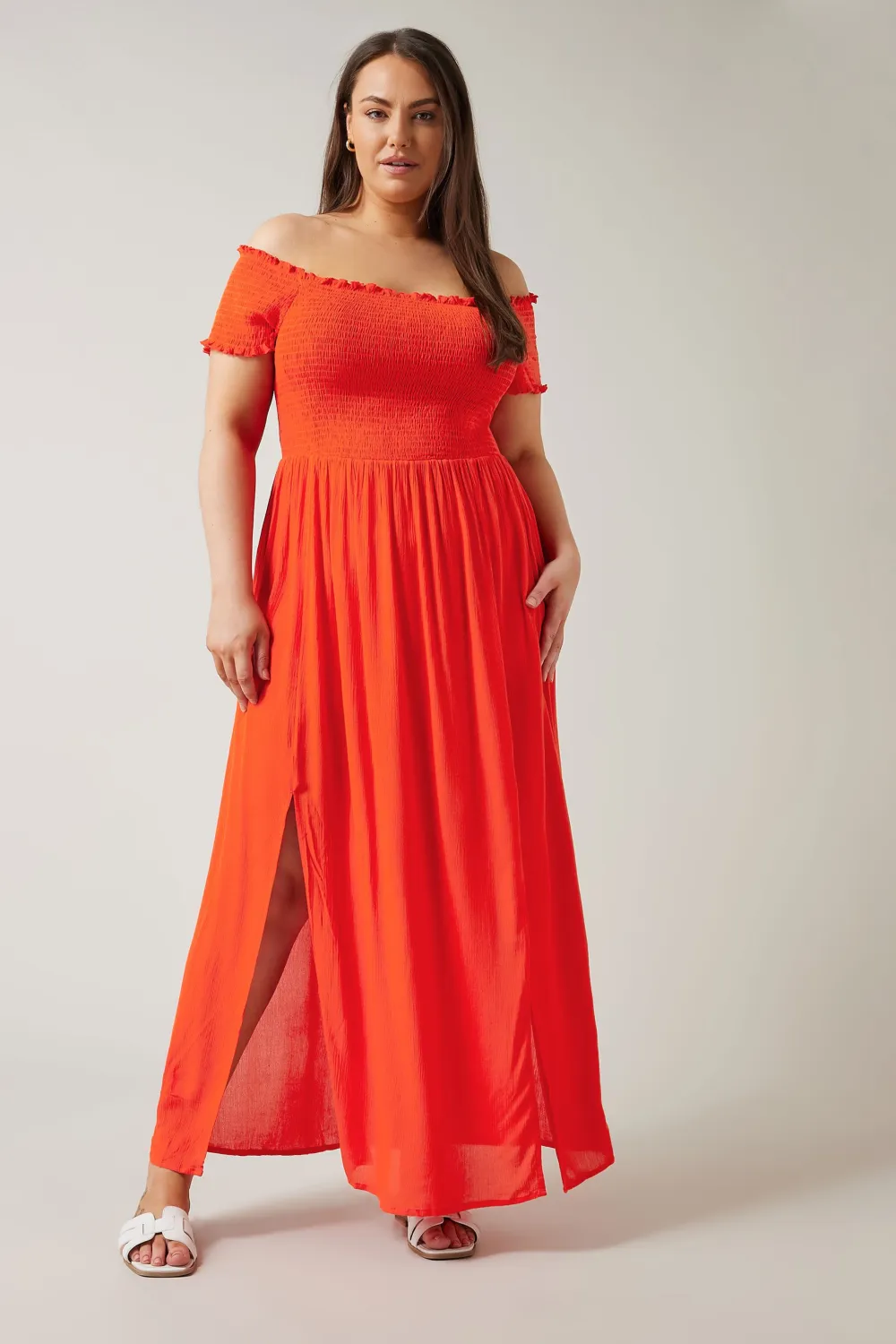 Evans Orange Shirred Bardot Maxi Dress