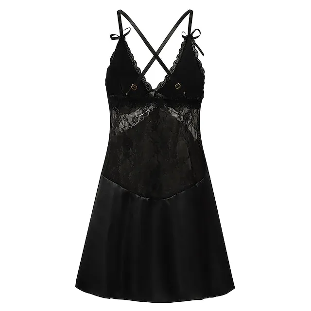 Women's Pajamas Nightgown Dress Pjs Patchwork Fashion Comfort Soft Home Christmas Daily Satin V Wire Sleeveless Hole Summer Spring Black Wine