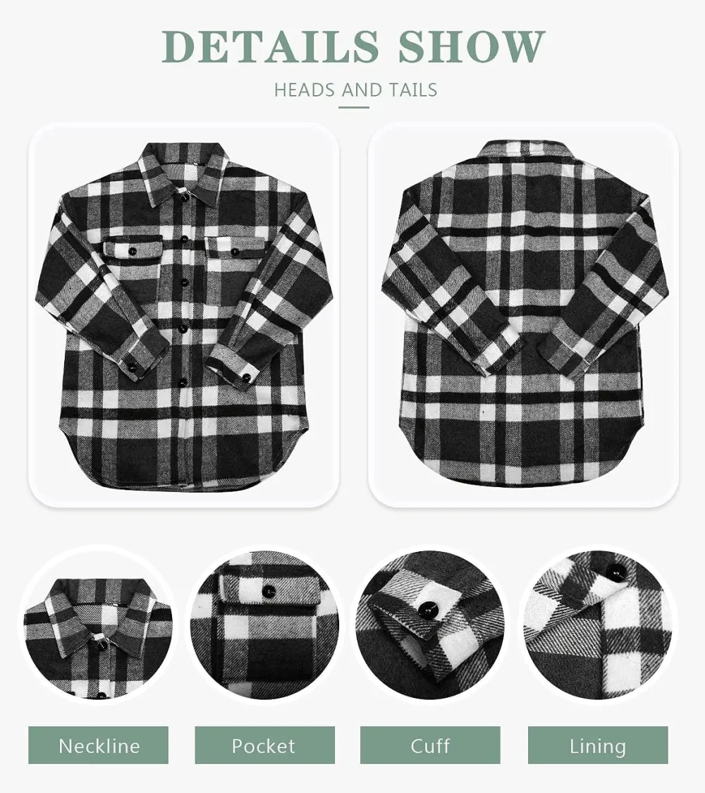 Women's Flannel Plaid Shacket Long Sleeve Button Down Chest Pocketed Shirts Jacket Coats
