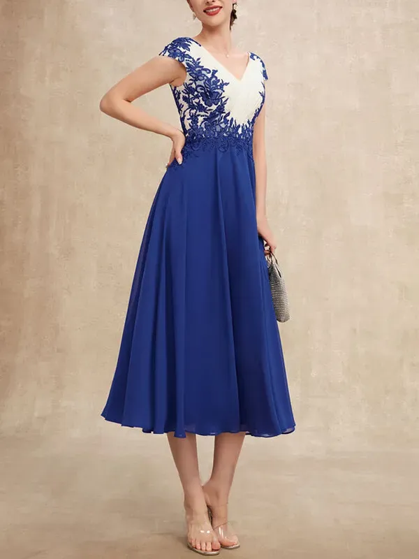 V Neck Chiffon Lace Midi Dress