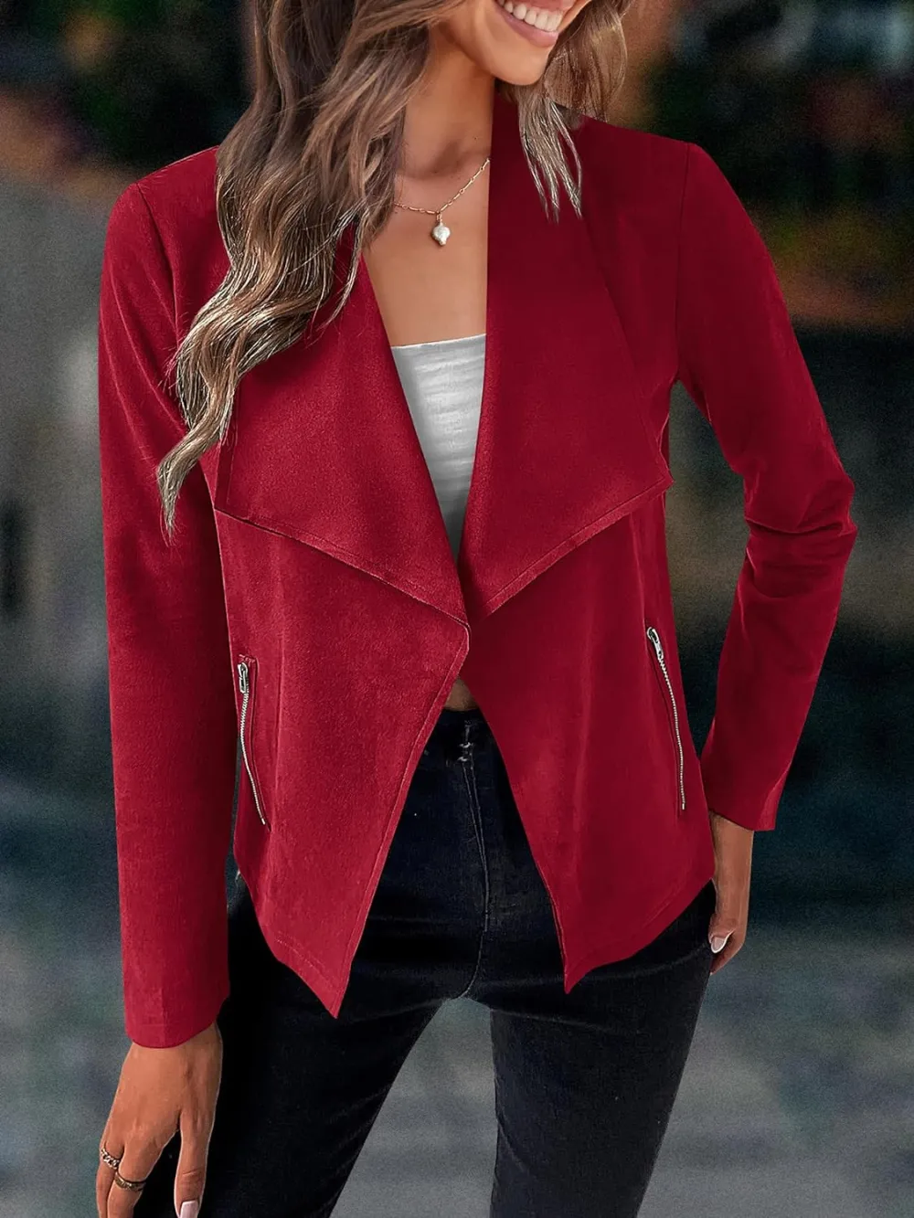 Women's Faux Suede Jackets 2023 Fall Clothes Long Sleeve Open Front Cropped Coat Outwear