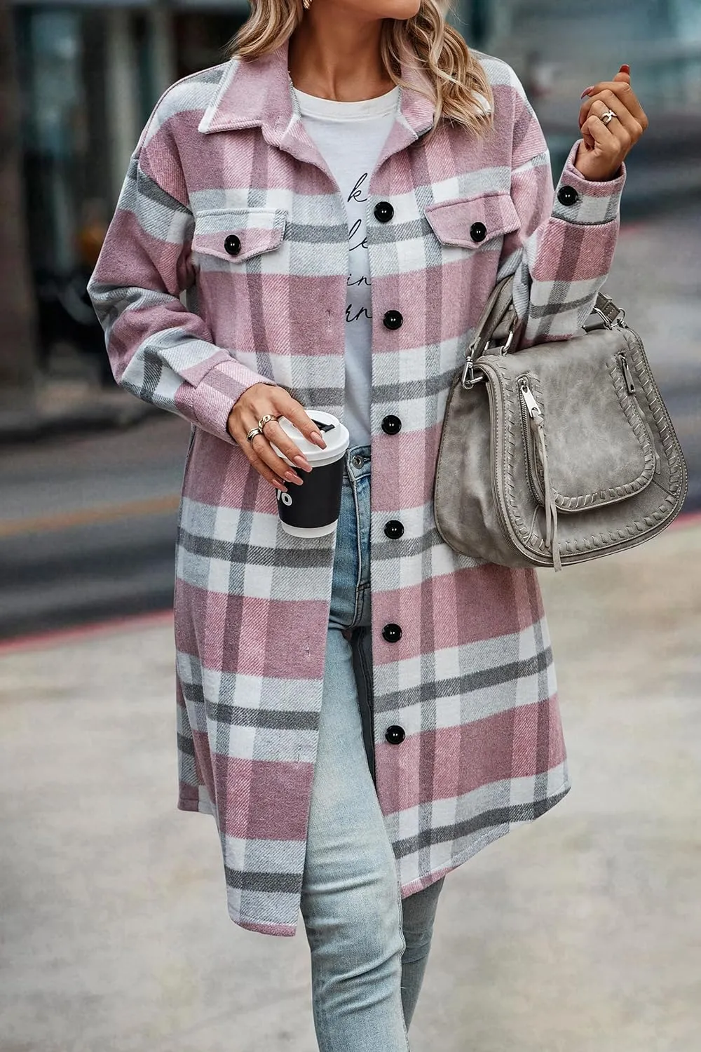 Women's Plaid Shacket 2023 Long Sleeve Button Up Flannel Shirt Winter Tartan Jacket Woolen Coats