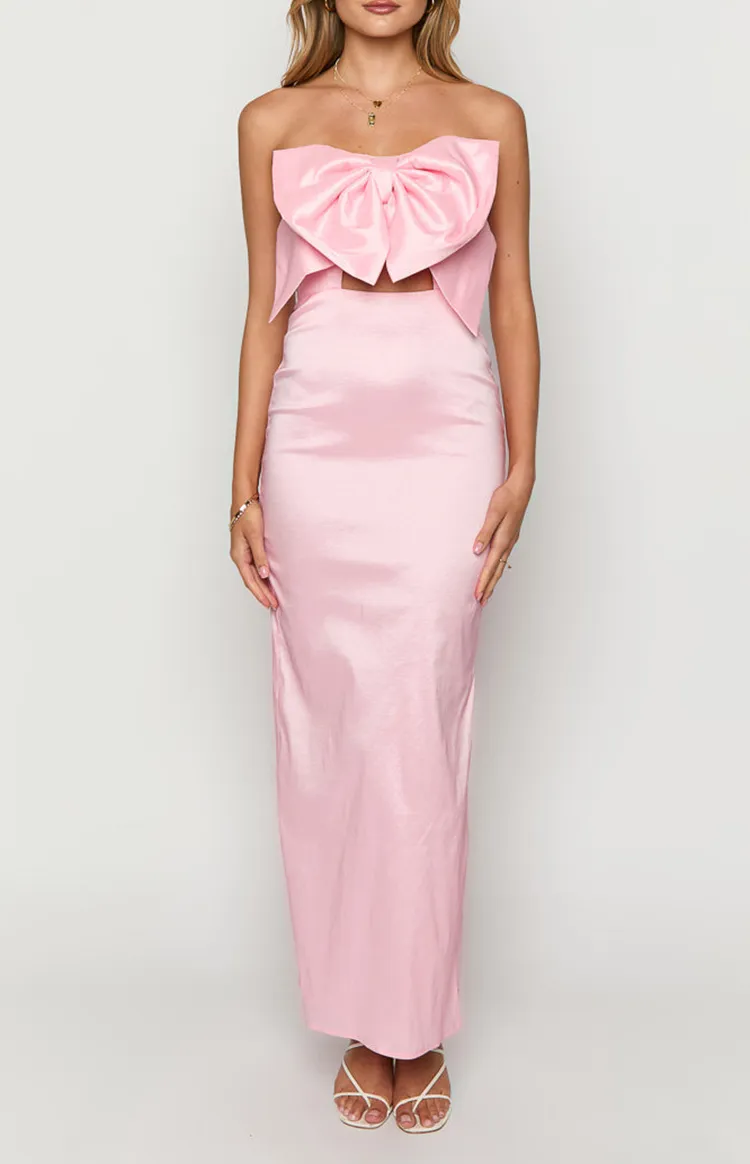 Pink Bow Front Satin Maxi Dress