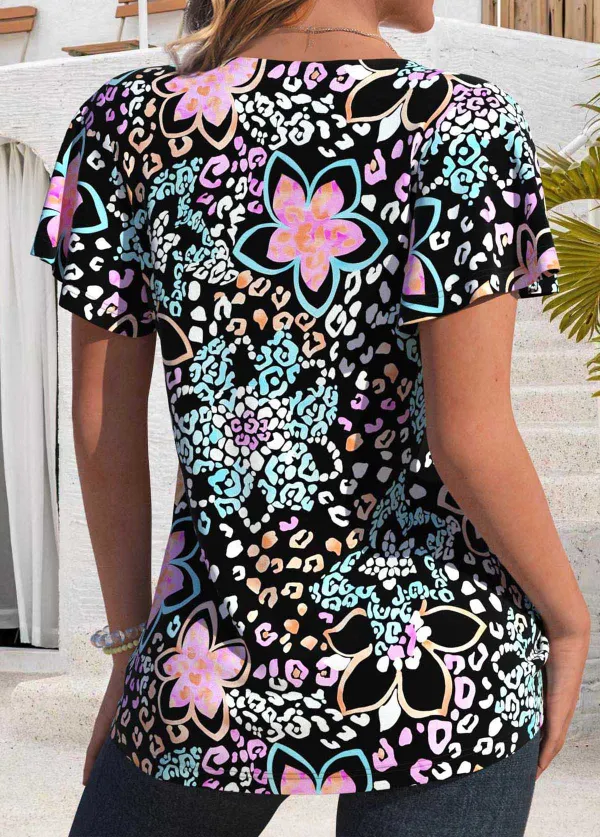 Black Tie Floral Print Short Sleeve T Shirt