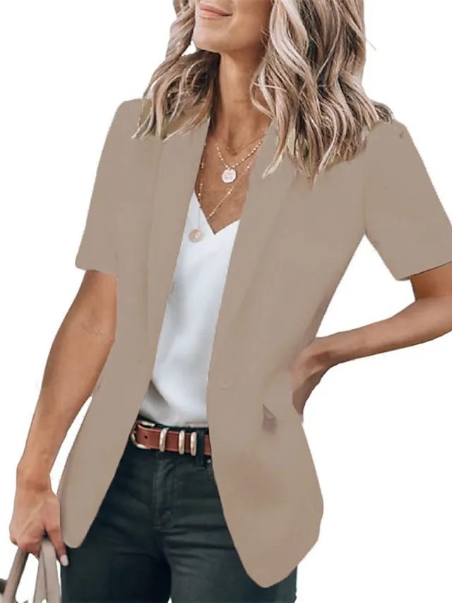 Women's Blazer Clean Fit Formal Office Work Summer Spring Regular Coat Regular Fit Breathable Simple Classic Style Modern Style Jacket Short Sleeves Solid Color Pure Color Slim Fit Black White Red