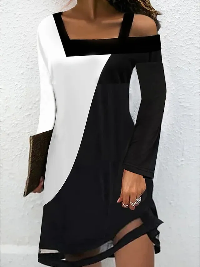 Women‘s Casual Dress T Shirt Dress Tee Dress Mini Dress Black Long Sleeve Color Block Cold Shoulder Summer Spring Fall Square Neck Fashion Summer Dress Weekend 2023 S M L XL XXL 3XL