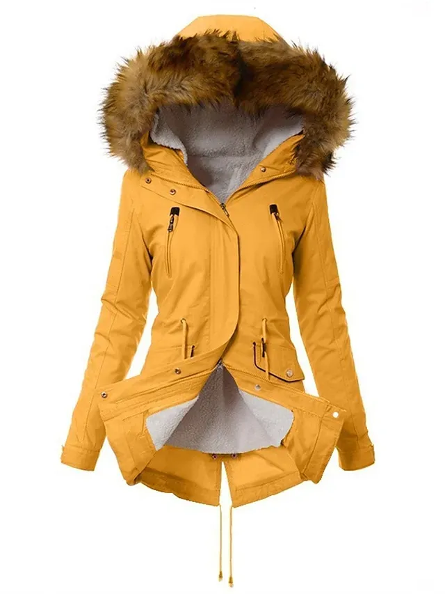 Women's Parka Fleece Lined Puffer Jacket Thermal Warm Winter Coat Windproof Heated Coat with Fur Collar Zip up Drawstring Hooded Coat with Pocket Outerwear Long Sleeve
