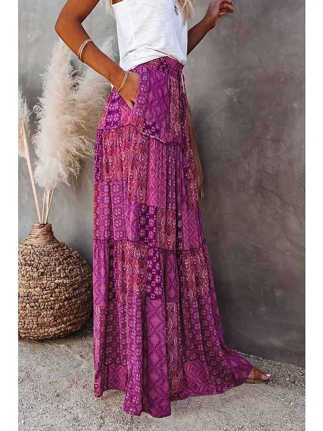 Women's Skirt Swing Long Skirt Maxi Red Blue Purple Orange Skirts Spring & Fall Ruffle Print Fashion coastal grandma style Boho Holiday Casual Daily S M L