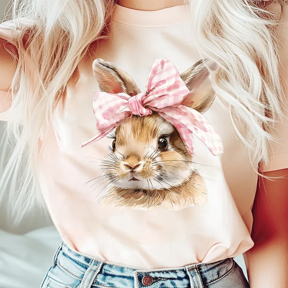 Easter Bunny With A Bow Printed Round Neck Short Sleeve T-Shirt
