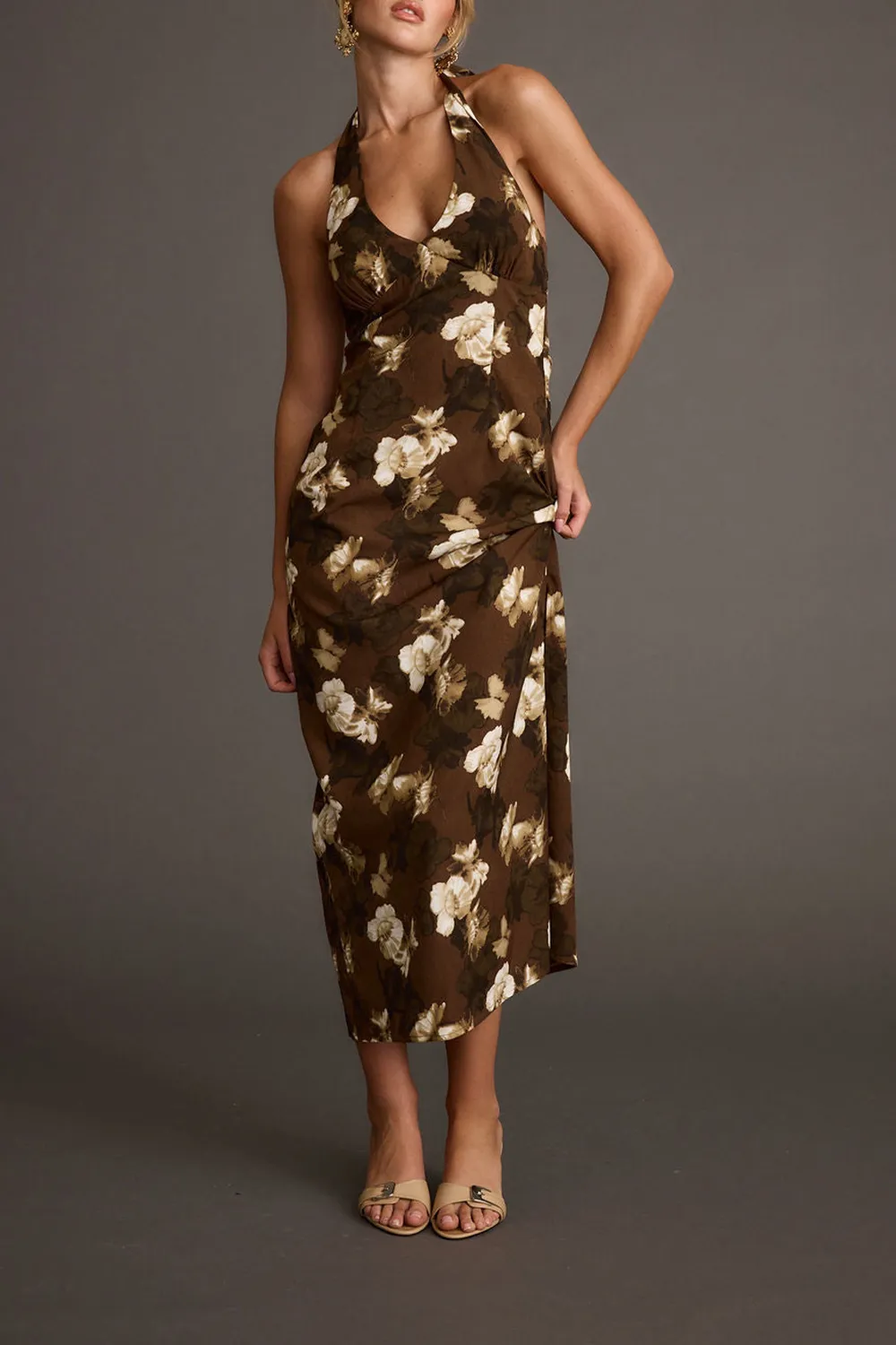 Brown Floral Halter Maxi Dress