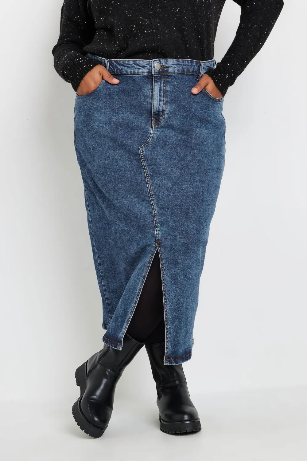 YOURS Curve Black Midi Stretch Denim Skirt