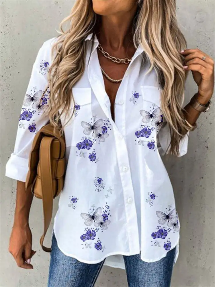 Women 3/4 Sleeve Shirt Collar Floral Printed Animal Print Button Top Shirts