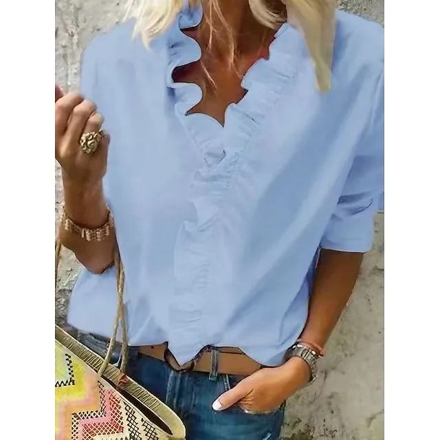 Women‘s Blouse Shirt V Neck Lettuce Trim Plain Modern V Neck Regular Spring &  Fall Green Blue White Orange