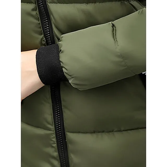 Women's Parka Long Puffer Jacket Windproof Thermal Warm Heated Coat with Pockets Winter Coat with Fur Collar Hood Long Sleeve Full Zip Black White Pink