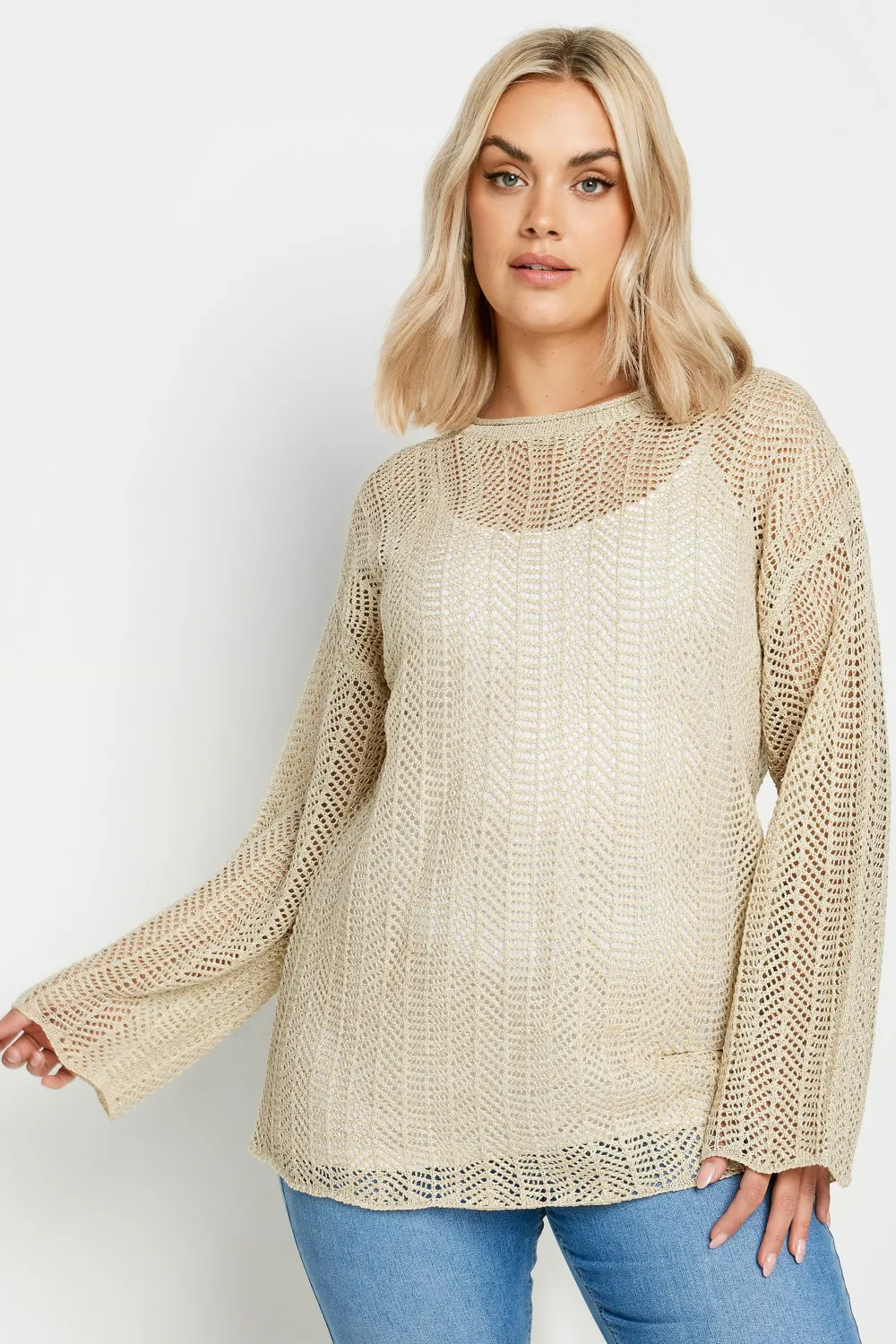 YOURS Curve Natural Brown Metallic Crochet Jumper