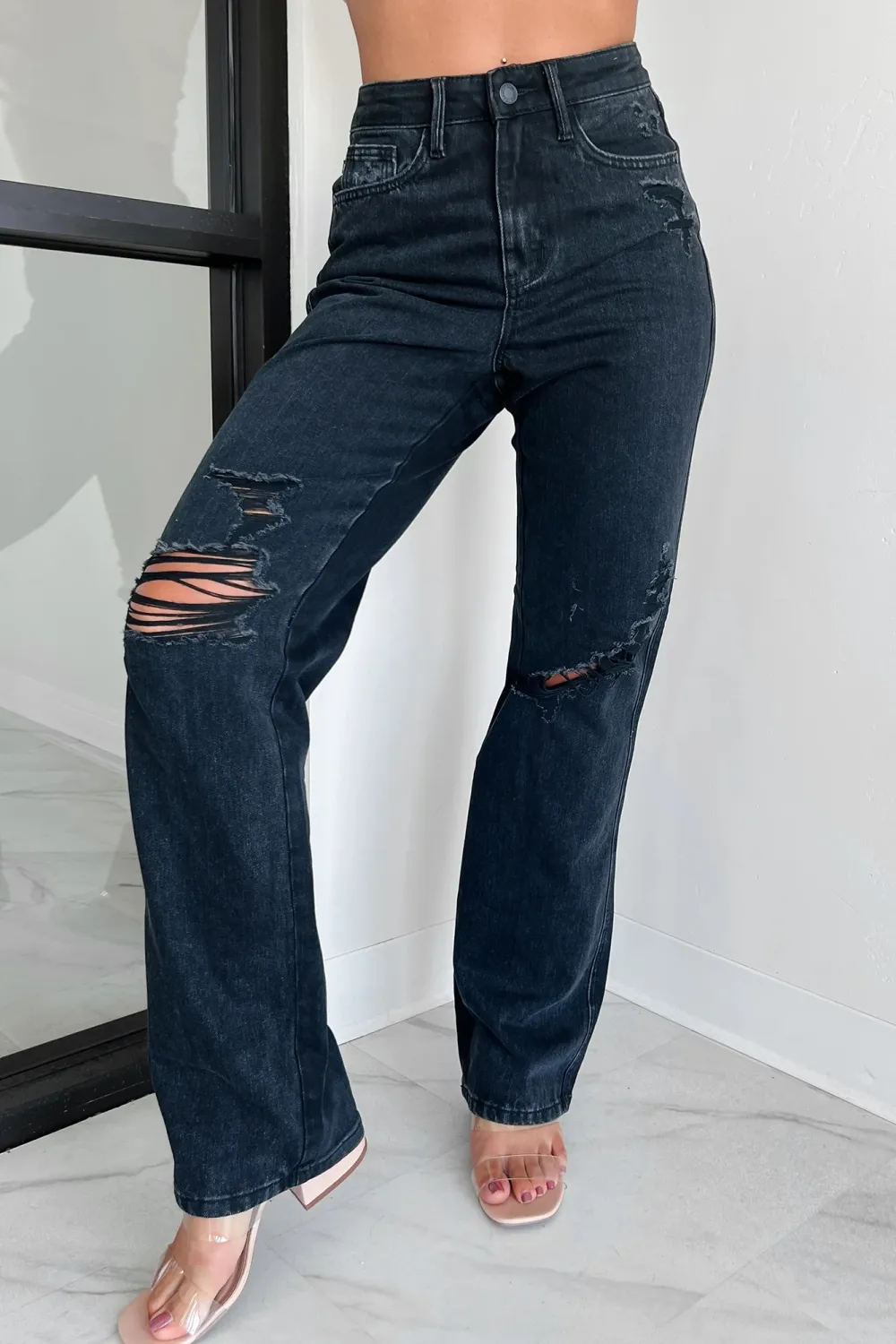 High Rise Rigid Stretch Blue Straight Leg Jeans