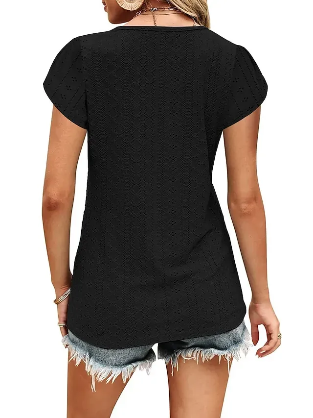 Women's T shirt Tee Light Blue Black White Plain Button Short Sleeve Casual Basic V Neck Regular S