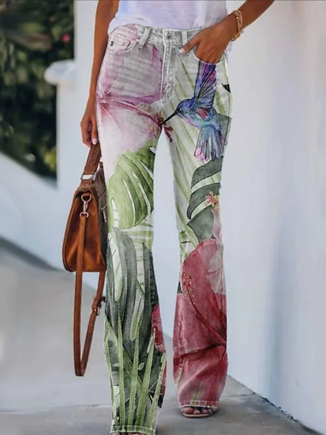 Women's Jeans Bootcut Flared Pants Full Length Faux Denim Print High Elasticity High Waist Fashion Streetwear Casual Daily 1 2 S M Fall & Winter