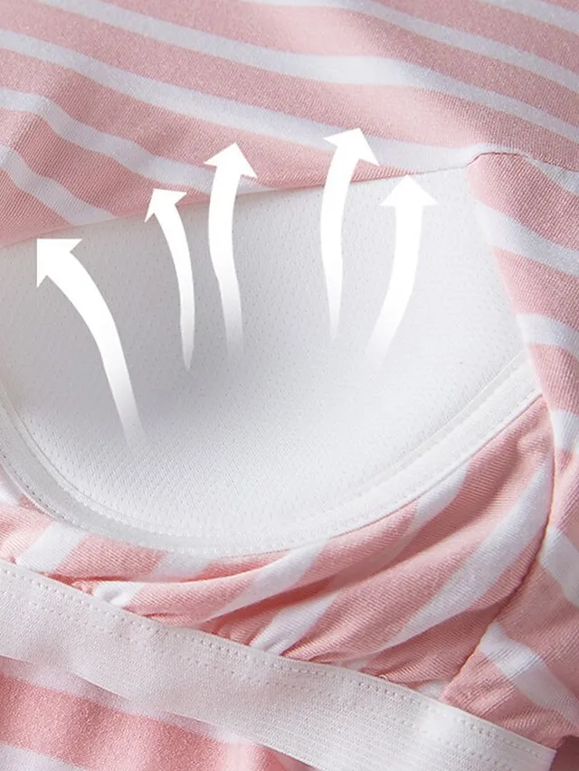 Women's 2 Piece Pajama Sets  with Chest Pad Long Sleeve Stripe Shirt and Pants Crew Neck Spring Autumn Pink Blue