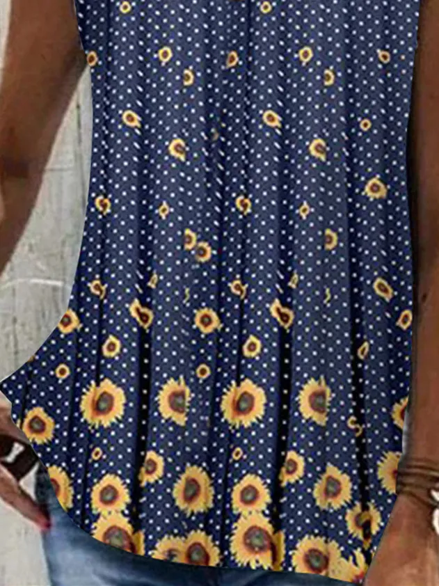 Women Sleeveless V-neck Floral Printed Polka Dot Tops